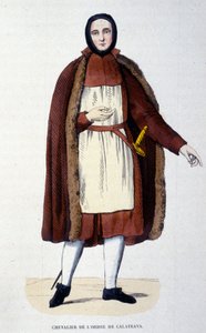 Ridder van de Orde van Calatrava. Een groep religieuzen en ridders verdedigde de stad Calatrava in Spanje tegen de Castilianen in 1145 en 1158. De orde werd in 1523 aan de Kroon van Spanje gehecht met de koning als grootmeester. Gravure uit de 19e eeuw door Unknown artist