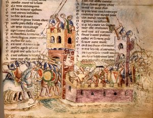 Ridders bestormen een kasteel. 12e-eeuws manuscript. Bibl. Marciana Venetië