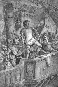 Knut de Grote (Canut I) (994 of 995-1035) - Mannen van Knut de Grote op de Londense brug, onder aanval van Olaf II van Noorwegen - Gravure in 