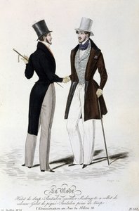 De Mode van 26 juli 1834: (mannelijke mode) bladpak - casimir broek - Redingote met fluwelen kraag - vest van piqué - taupe huid broek en hoge hoed door Unknown artist
