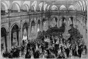 De grote feestzaal van het Stadhuis van Parijs tijdens de jaarlijkse viering van de gemeente. Gravure in 