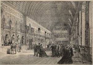 De wapenzaal van het kasteel van Pierrefonds - restitutie door Viollet-Leduc (gravure 1880)