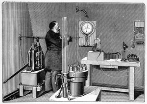 Laboratorium geïnstalleerd op de begane grond in de westelijke pilaar van de Eiffeltoren - gravure