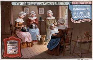 Kantwerkplaats, Valenciennes, Liebig reclame ca. 1895
