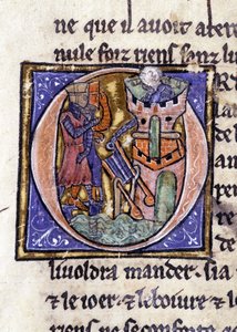 Lancelot bovenop een toren. Manuscript: Verovering van de Heilige Graal, geschreven 717 jaar na de passie van onze heer. Bibliothèque municipale de Rennes, ms. 255 (Collectie van romans van de Ronde Tafel); Parijs door Unknown artist