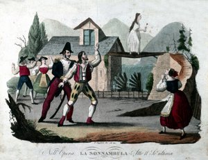 Laatste scène van Act II van La Sonnambula door Vincenzo Bellini. Gravure uit 1835