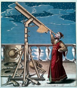 De astronoom: een man observeert de sterren met een telescoop - Gravure uit de 17e eeuw door Unknown artist