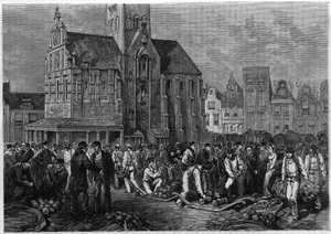 De markt van de chemages, in Hoorn, Nederland. Gravure in 
