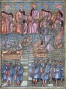Le prevot des marchands et les echevins de Paris au 16eme eeuw, gravure naar het origineel van 1528 - Provoost van kooplieden en wethouders van Parijs, scène van belastinginning, titelpagina uit 