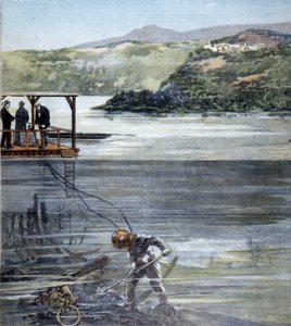 De duiker Paolo Pardi werkend aan de Romeinse schepen in het meer van Nemi met de Siebe duikuitrusting in 1893