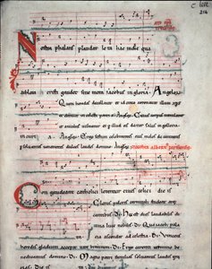 Folder van een pelgrimsgids met teksten van de pelgrimstocht naar Santiago de Compostela (Santiago de Compostella) Fol. 214 r. Uit een 13e-eeuws manuscript. Archief van de kathedraal van Santiago de Compostela (Santiago de Compostela), Spanje