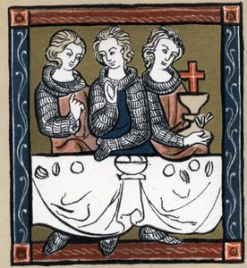Arthurlegende: Galahad (Gaalad of Galaad), Perceval en Bohort (Bors of Borrt) met de Heilige Graal. In 