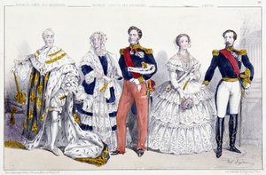 De Bourbons en het Keizerrijk: Karel X (1757-1836), Marie Amelie de Bourbon Sicilië (1782-1866) en Lodewijk Filips I (1773-1850), Eugenie de Montijo (1826-1920) Napoleon III (1808-1873) - Plaat uit Koningen en Koninginnen van Frankrijk in prenten, Parijs,  door Unknown artist