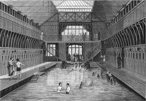De goedkope openbare baden van de rue Chateau-Landon in Parijs in 1884. in 
