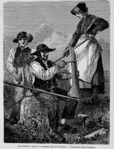 De hooibouwers, types en kostuums bij Thiézac, in Auvergne - in 