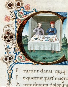 Briefhoofd C versierd met een paar aan tafel. Miniatuur uit De Bucolica (Eglogues) door Vergilius (Publius Vergilius Maro) (70-19 voor Christus) (ms.IV E.12) - 15e eeuw Napels, Biblioteca Nazionale door Unknown artist