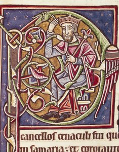 Lettrine P versierd met de voorstelling van de koning van het land Moab (miniatuur) uit een Bijbel (Ms 3088) 12e eeuw Coimbra, bibliotheek van de Universiteit