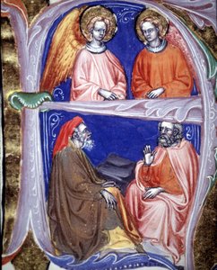 Lettrine die engelen en filosofen voorstelt die discussiëren - in De civitate dei van St. Augustinus. 14e eeuws manuscript. Gemeentelijke Bibliotheek van Rimini