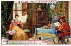 Liebig chromolithografie over het leven van Rembrandt (1606-1669), Nederlandse schilder. Hier tekent hij het portret van zijn jonge vrouw Saskia in 1654 door Unknown artist