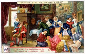 Liebig chromolithografie over het leven van Rembrandt (1606 - 1669), Nederlandse schilder. Dit zijn Rembrandt