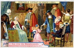 Liebig chromolithografie over het leven van Rembrandt (1606 - 1669) Nederlandse schilder, hier portretteert hij burgemeester Jean Six in 1654. door Unknown artist