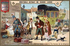 Leven onder het Directoire: bij het Diligencekantoor. Chromolithografie, Liebig afbeelding door Unknown artist