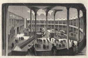 Het interieur van een emigrantendepot van Castle Garden - New York State - Emigratiecommissie - Gravure in 