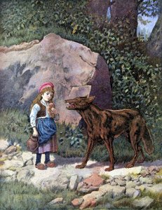Roodkapje ontmoet de wolf in het bos - in "Les Tales de Perrault" door Unknown artist