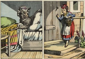 Roodkapje klopt op de deur van haar grootmoeder (illustratie van het sprookje 