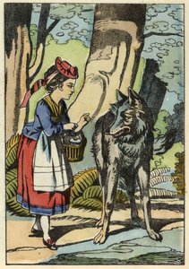 Roodkapje ontmoet de wolf in het bos. Illustratie van het verhaal 
