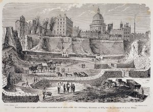 Locatie van het Gallo-Romeinse circus daterend uit de 3e eeuw voor de christelijke jaartelling, ontdekt in 1870, tijdens het boren van Rue Monge door Unknown artist