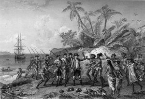 Louis Antoine Comte de Bougainville, Franse navigator (1729-1811), nadert de eilanden van de Markiezen in Tahiti, 6 april door Unknown artist