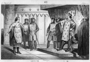 Lodewijk VIII (1187-1226) de Leeuw ontvangt een gezant van zijn vijand Hendrik III van Engeland - Lodewijk VIII de Leeuw, dynastie van de Capetingen, reageert trots en vastberaden op een gezant van de Engelse koning Hendrik III - Gravure van 1825 door Unknown artist