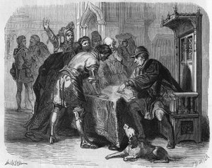 Lodewijk XI, koning van Frankrijk, verneemt de dood van Karel de Stoute op 7 januari 1477. Gravure uit de 19e eeuw.