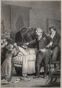 Lodewijk XVIII aan het sterfbed van de Hertog van Berry - De laatste momenten van de Hertog van Berry op 13 februari 1820 (1778 - 1820) in de opera van Parijs omringd door Lodewijk XVIII en de koninklijke familie - gravure in 