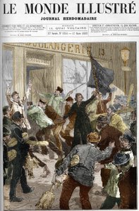 Louise Michel (1833-1905), een Franse revolutionair, zwaait met een zwarte vlag met de tekst 