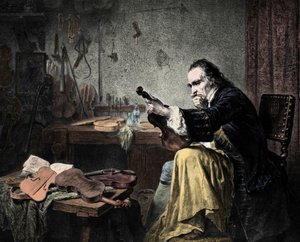 Luthier Stradivarius (Antonio Stradivari) (1644-1737) in zijn werkplaats. Gravure door Hammann.