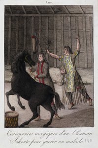 Magische ceremonie van een sjamaan Yakoute (Yakoute) om een zieke te genezen (Siberië) - gravure, begin 19e eeuw