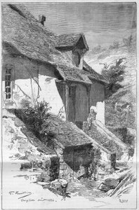 Huis van George Sand, Franse schrijfster, in Gargilesse aan de oevers van de Creuse in Frankrijk. Gravure in Le Monde Illustré door Unknown artist