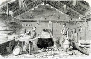 Het maken van Gruyère kaas in een Zwitsers chalet, of kaasfabriek in de Alpen - in De wonderen van de industrie door Louis Figuier