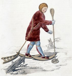 Man van de Ostiak stam (Khanty of Khante) (Paleosiberische jagersstam gevestigd in het bosgebied van de midden Ob-vallei) op jacht naar hermelijn. Illustratie uit 1803 door Unknown artist