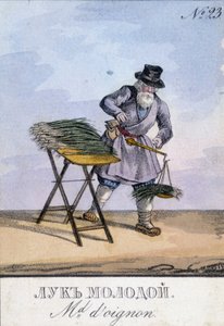 Man die uien weegt op een weegschaal aan zijn riem. Illustratie van de 19e eeuw. Gravure van de 19e eeuw