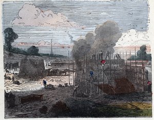 Fabricage van een baksteen in de 19e eeuw: bakken. De bakstenen worden in lagen gelegd en vervolgens bedekt met aarde voordat ze in brand worden gestoken. Gravure eind 19e eeuw. door Unknown artist