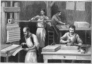 Fabricage van speelkaarten volgens de oude methoden.