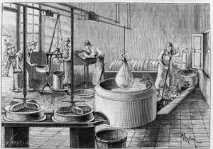 Fabricage van gruyère: een moderne kaasfabriek. Gravure in 