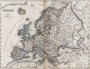 Kaart van Europa. Tweede helft van de 19e eeuw. Italiaans Atlas. Stabilimento Civelli. Milaan.