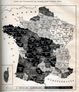 Kaart van onwetendheid in Frankrijk in 1865