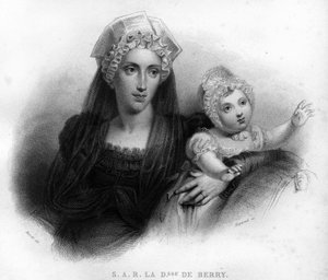 Marie-Caroline van Bourbon Sicilië, hertogin van Berry (1798-1870) in weduwekleding, met haar dochter Louise Marie Thérèse van Artois (1819-1864). Gravure uit 1820 door Unknown artist