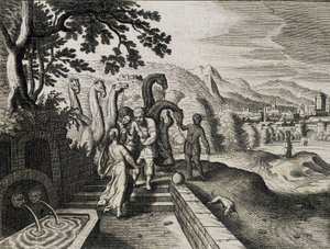 Huwelijk van Isaak en Rebekka. Gravure uit een 17e-eeuwse Bijbel door Unknown artist