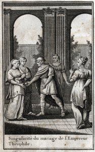 Huwelijk van de Byzantijnse keizer Theophilus (813-842): nadat hij de mooiste vrouwen in het koninkrijk had verenigd om een vrouw te vinden, koos hij Theodora en bood haar een gouden appel aan. Gravure in 